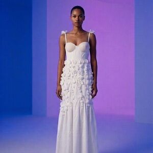 White Floral Appliqué Maxi Dress with Bow Straps